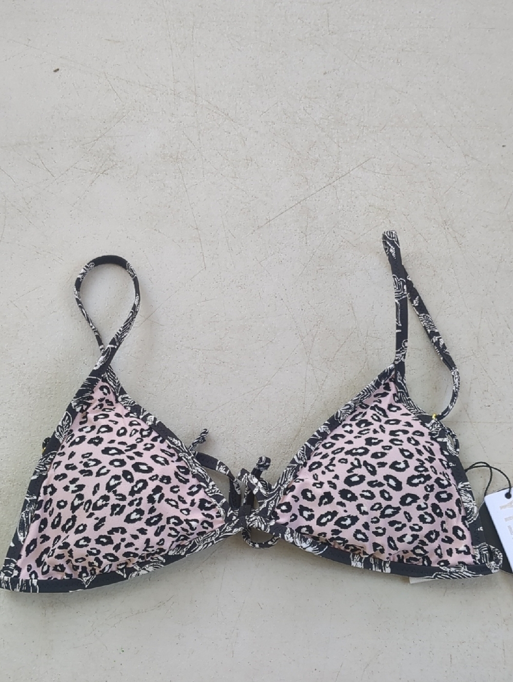 Amuse Society Pink Leopard Triangle Bikini Top with Black Trim and Straps